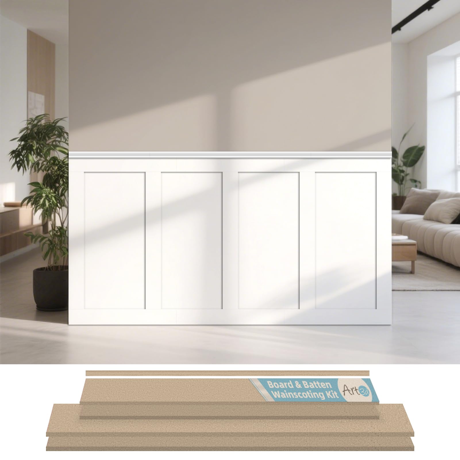 Art3d Kit de paneles terminados Board & Batten para revestimiento de pared (210 x 113 cm) de MDF para pintar, ideal para cocina, dormitorio y sala de estar – Incluye listones de borde