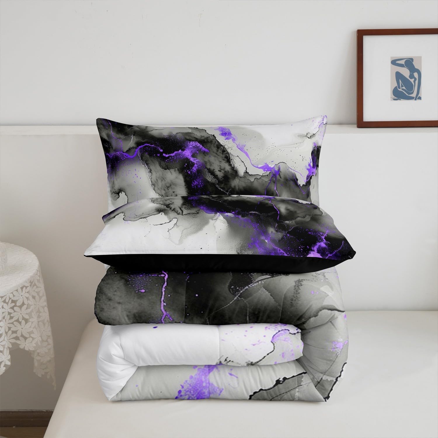 Erosebridal Black Purple Marble Queen Size Comforter Set Grey Marbling Bedding Set, Modern Aesthetic Down Comforter Mountain Fluid Bed Set, Foil Print Stone Pattern Quilted Duvet