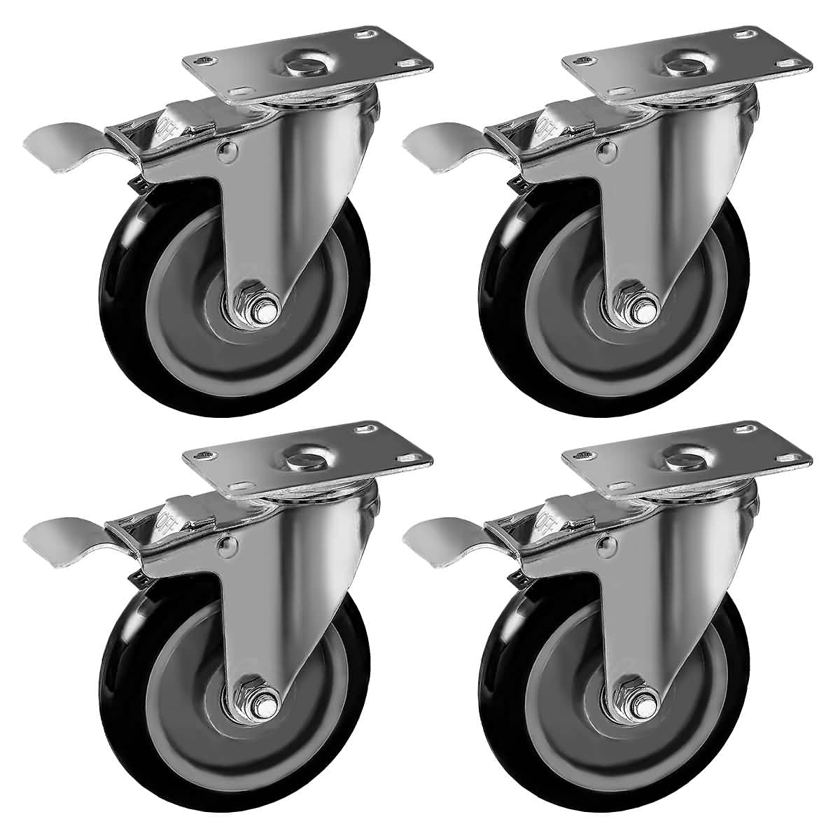 4 Pack Caster Wheels Swivel Plate Stem Break Casters On Black Polyurethane Wheels 880 Lbs (5 inch with Brake) 5 inch with Brake Black