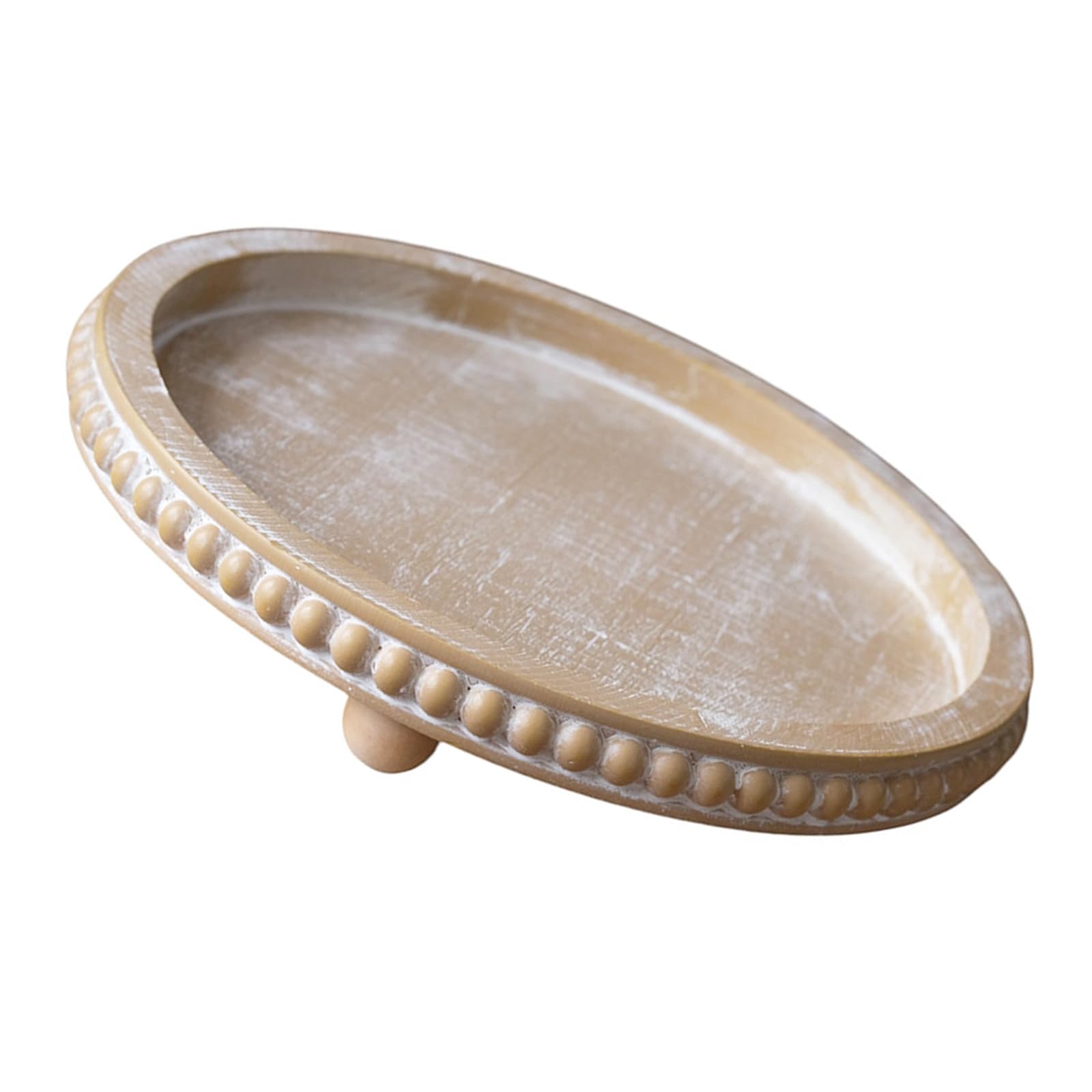 Wood Decorative Tray Round with Beaded Detail, Dresser Entryway Organizer for Small Item Storage and Display Accent Wooden Vanity Tray Round Catchall Organizer Beaded Border Decor Tabletop Display