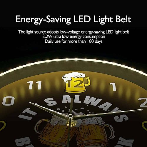 Miniatura 5 de Beer o'Clock - Reloj de pared de taberna con control de sonido, luz LED, amantes de la cerveza, bebedor de cerveza, marco de metal, funciona con