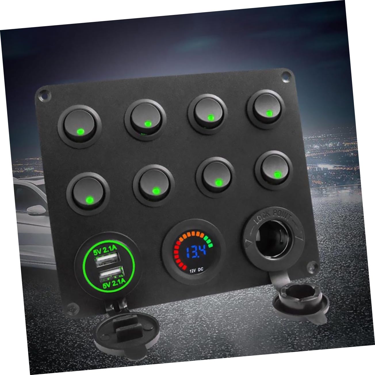 Panel de 8 Bandas Voltímetro Digital y Doble USB 4.2a para Uso Marino y Automotriz