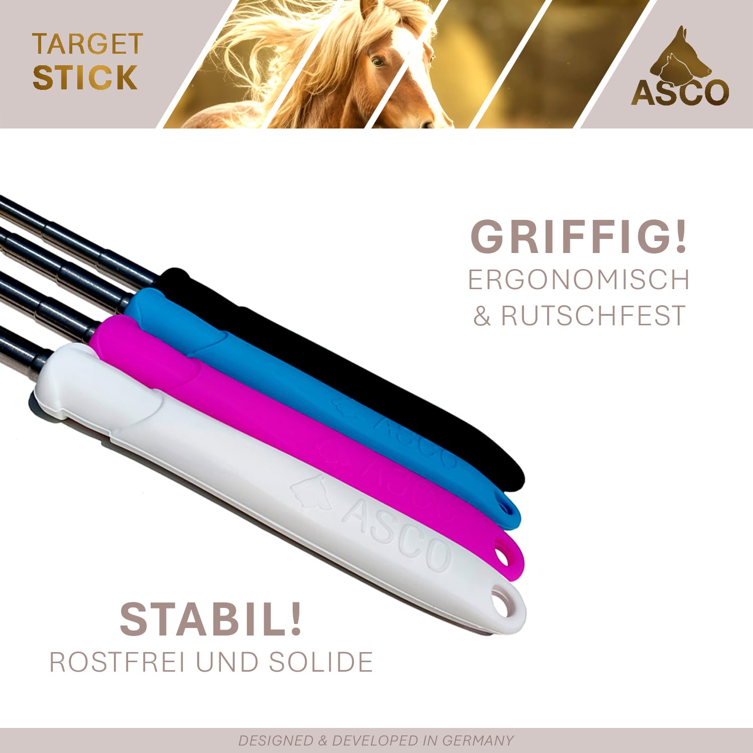 ASCO Target Stick avec Bracelet Extensible pour Chiens, Chats, Chevaux, Dressage et éducation au cliquet, Cible en Acier Inoxydable, Fonction télescopique 17-73 cm, Noir AC01TS