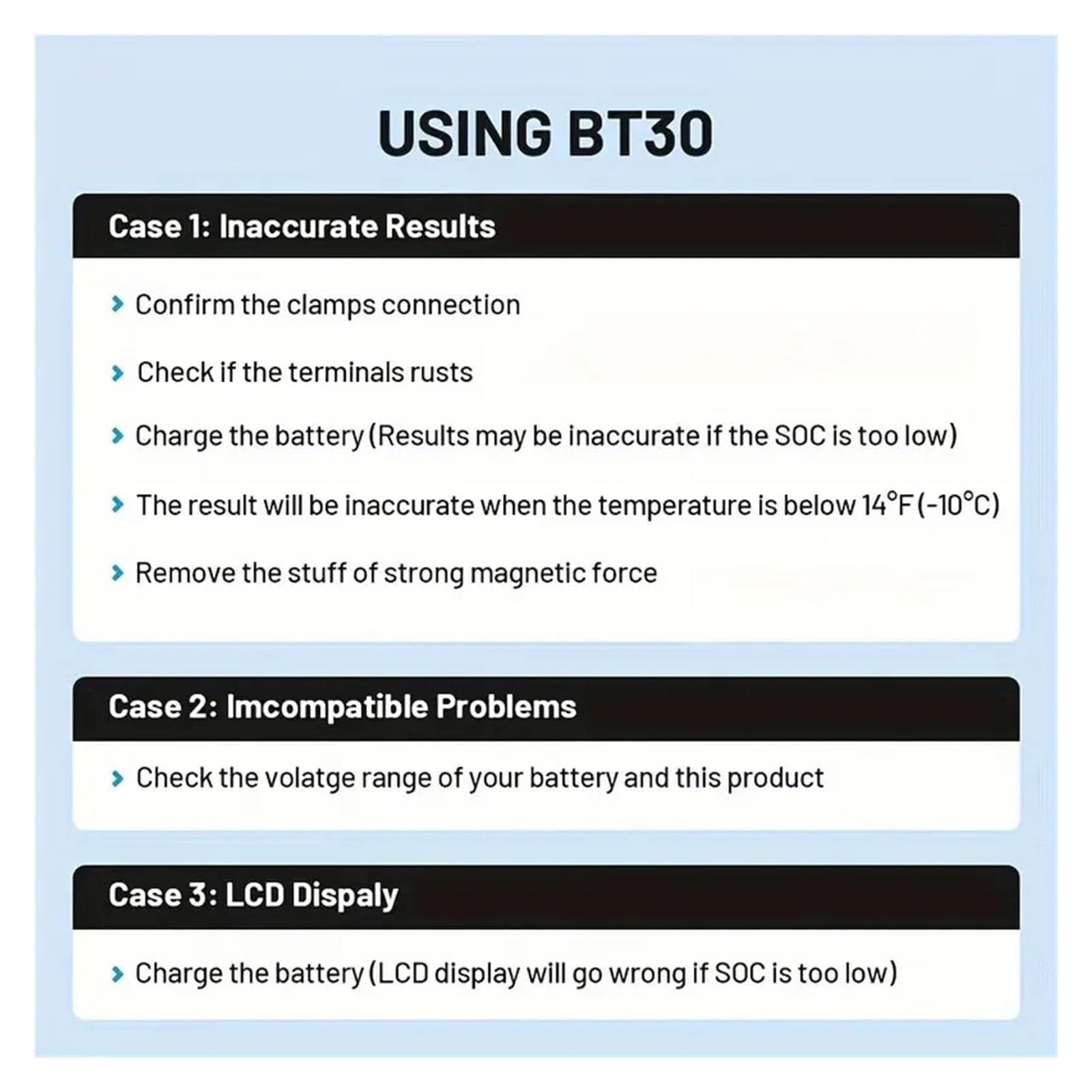 Probador de batería Coche BT30 12 V, analizador diagnóstico automotriz Digital, Herramienta escaneo Carga y Arranque vehículos, Todo en uno