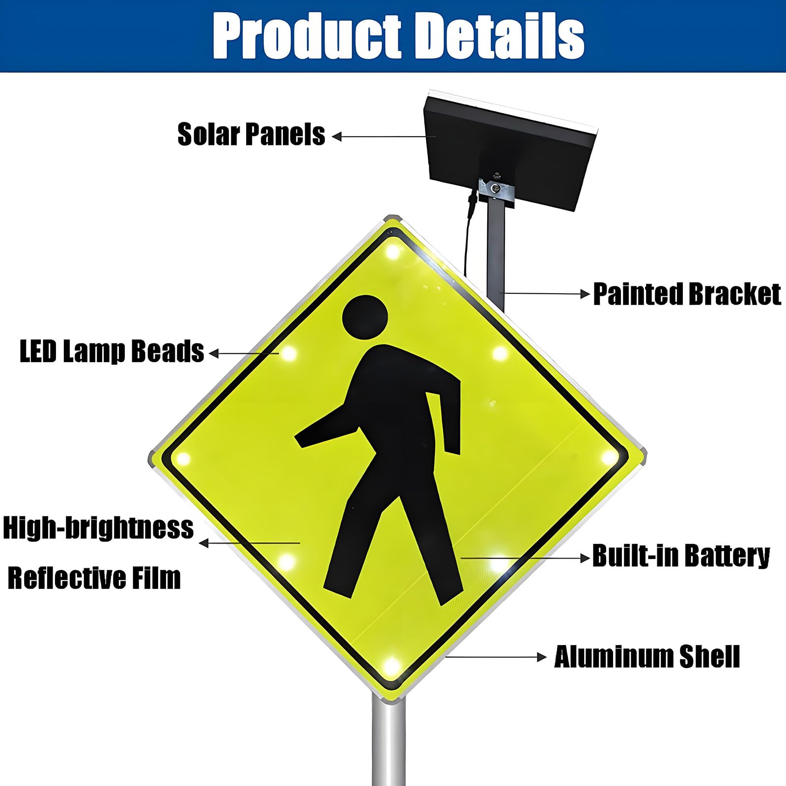 Señal LED de cruce de peatones con energía solar, señal de advertencia de tráfico de aluminio de 61 cm, material reflectante de grado de ingeniería para una mayor visibilidad