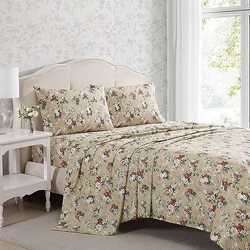Image of Laura Ashley - Full Size Sheet Set, Crisp & Lightweight Cotton Percale Bedding with Fitted Sheet and Pillowcases, Floral Room Decor, Deep Pocket, College Dorm Room Essentials (Ashfield Beige)