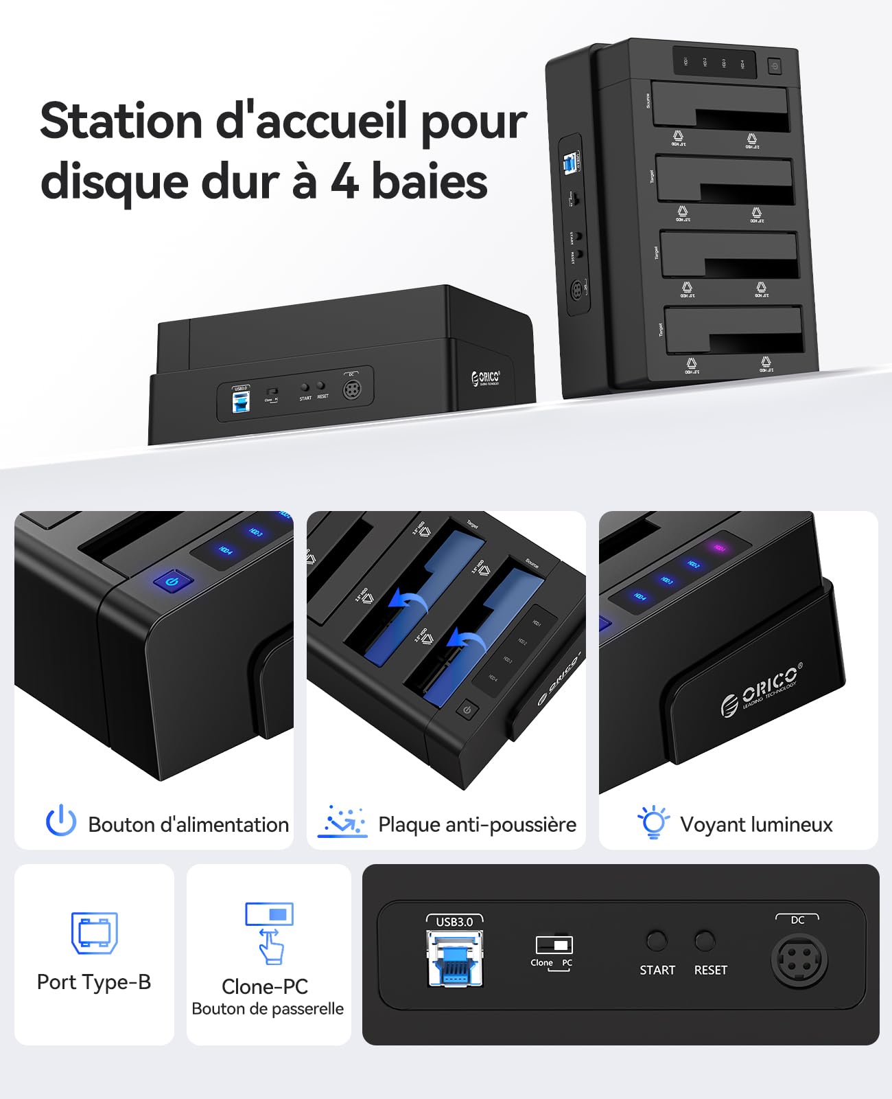 ORICO 4-bay USB 3.0 Hard Disk Docking Station da 2,5 e 3,5 Pollici Disco Rigido, Dock HDD con Non in Linea Clone Funzione, con Adattatore di alimentazione 12V6.5A (6638US3-C)