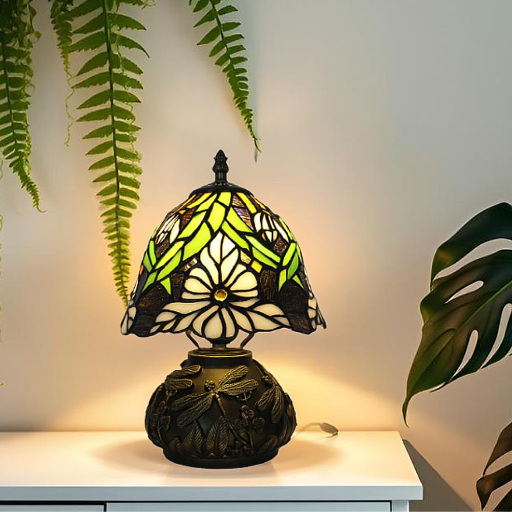 XINYASEE Tischlampe im Tiffany-Stil – pilzförmiger Lampenschirm aus Buntglas, Sockel mit Libellengravur, Retro-Nachttischlampe für Schlafzimmer, Wohnzimmer, Heimdekoration (Blumen-B)
