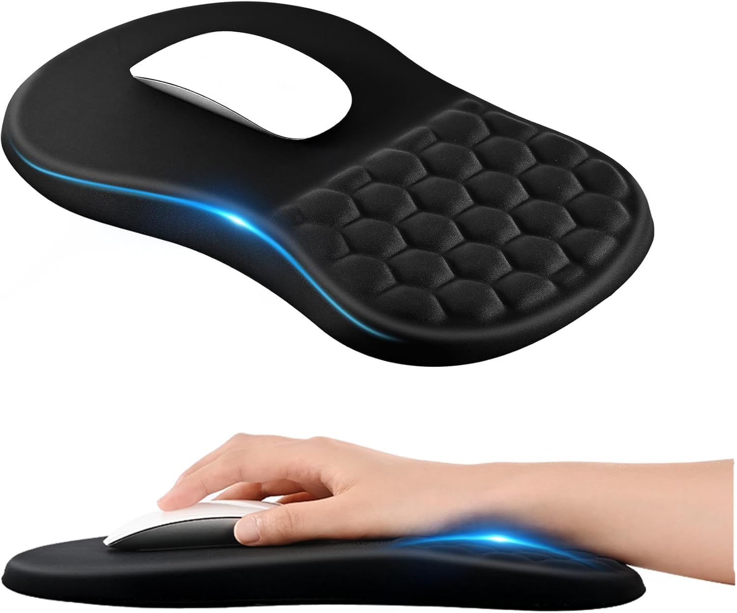 Ergonomic Mouse Pad with Wrist Rest Support, Large Mousepad with Memory Foam Wrist Rest and Non-Slip PU Base, Massage Design for Pain Relief, Tapis de Souris for Home, Office, Desk,12x8 Inches, Black