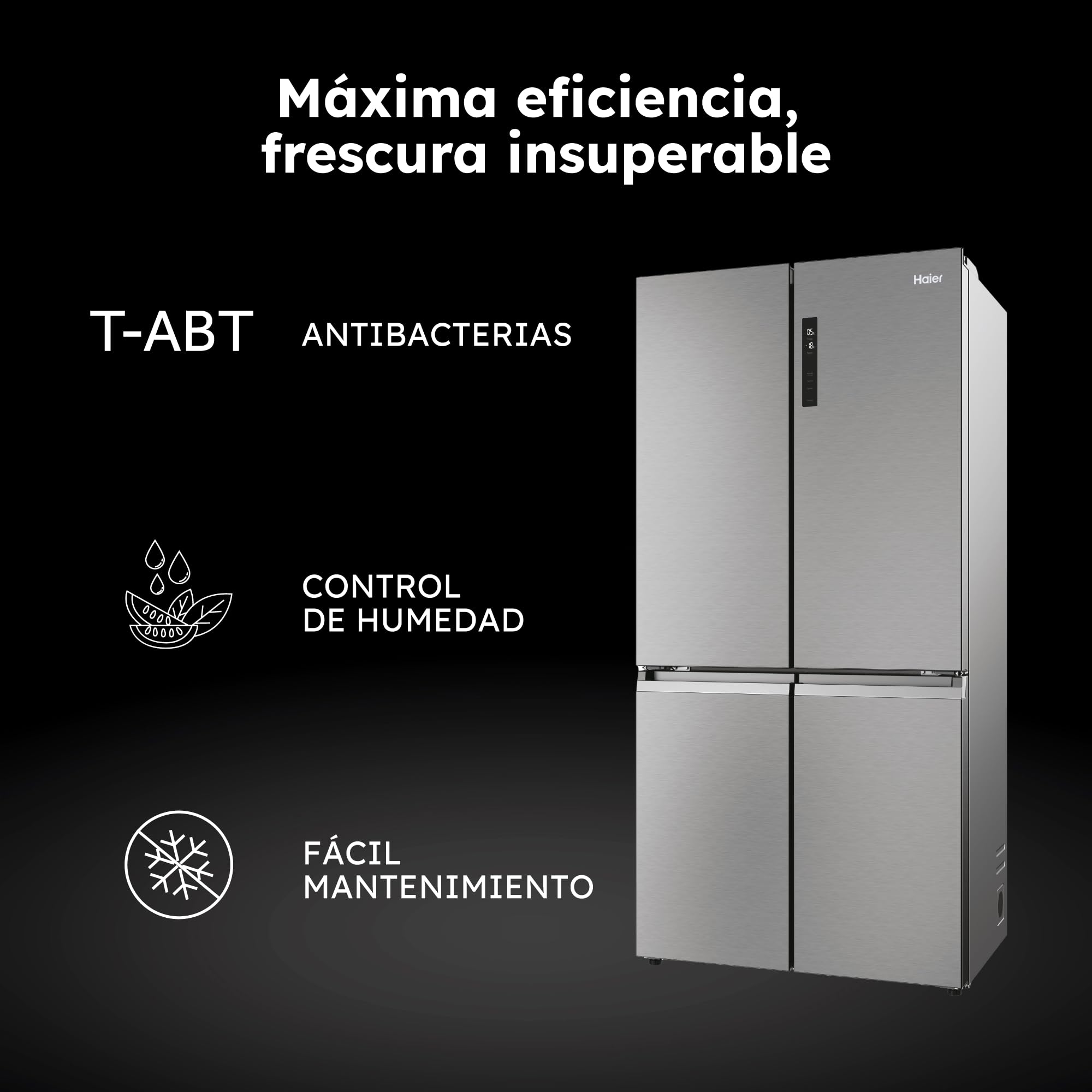 Haier Cube 90 Series 5 HCR5919ENMP Frigorífico 4 Puertas, Capacidad XXL 528L, Motor Inverter, My Zone, Cajón Humidity Zone,Total No Frost, Ancho 90,8cm, Funciones Especiales, Iluminación LED, Inox