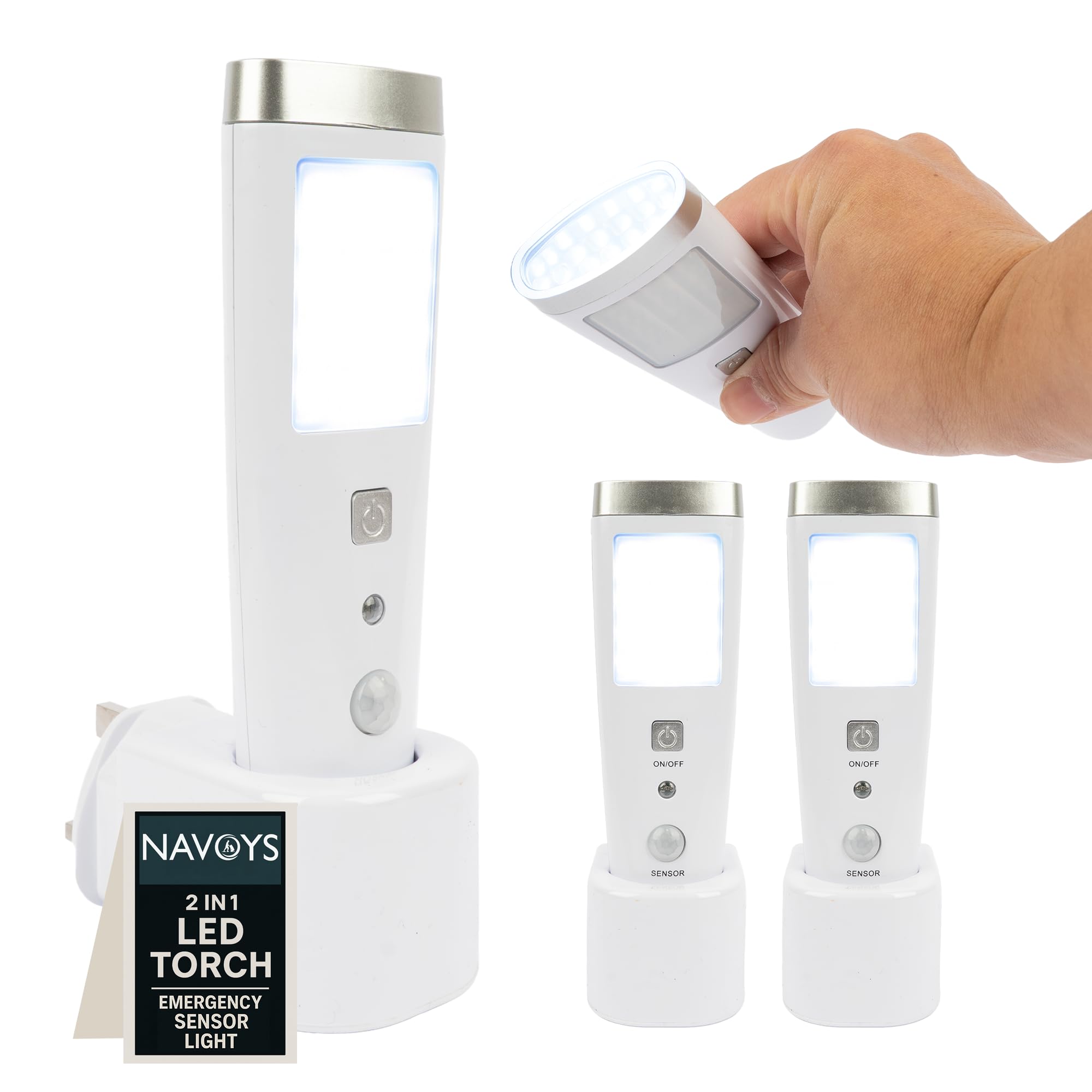 2 Pack LED Motion Sensor Night Light Plug-in (UK 230V), Rechargeable Emergency Power Cut Torch, Auto On/Off Wall Light for Hallway Bedroom Stairs Landing, CE Approved