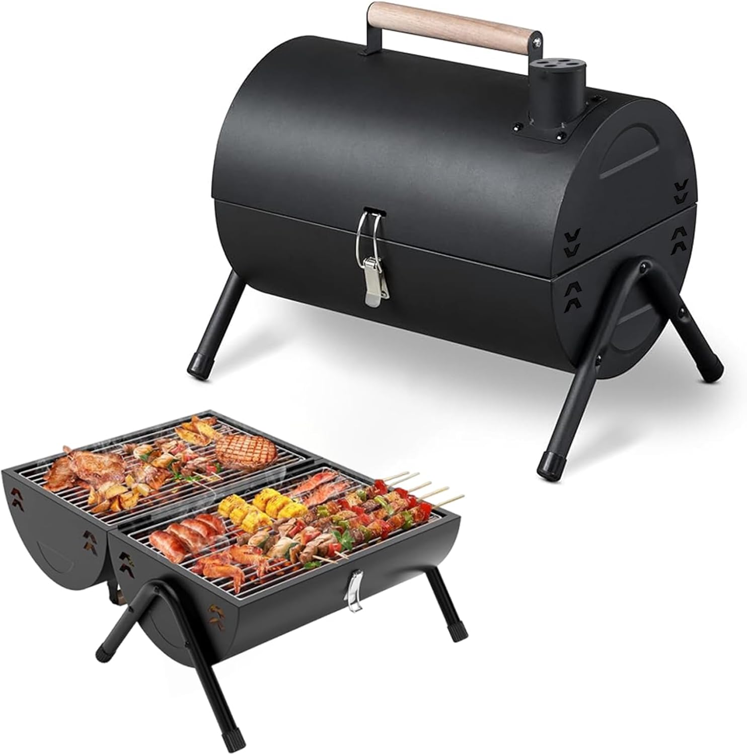 Portable Folding Charcoal BBQ Grill, Tabletop Smoker for Outdoor Camping, Two-Sided Carbon Griller, Small Compact Size (Black)