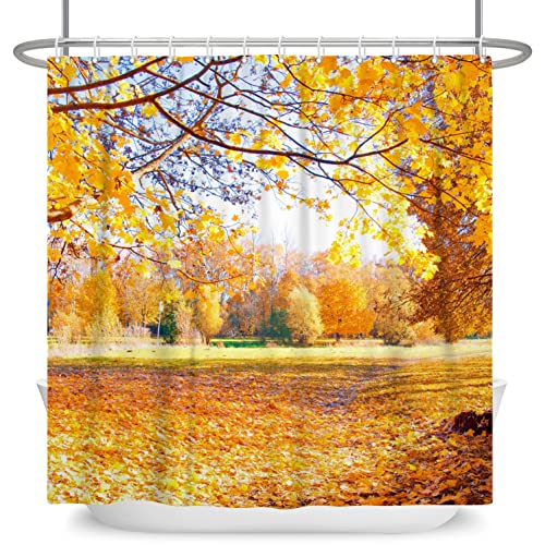 Bovlleetd Autumn Shower Curtain Forest Yellow Shower Curtains Natural Scenery Bathtub Decorative Curtain with Hooks Fall Thanksgiving Theme Bath Decor 71x71inch - Image 4