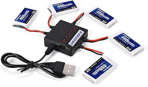 URGENEX 5 unids 3.7 V 450 mAh Drone Batería 25C 1S Lipo batería con Molex Plug 5in1 Cargador para SYMA Q11 AT-96 TR-C385 TR-P51 TR-F22 H99W H31 H6C
