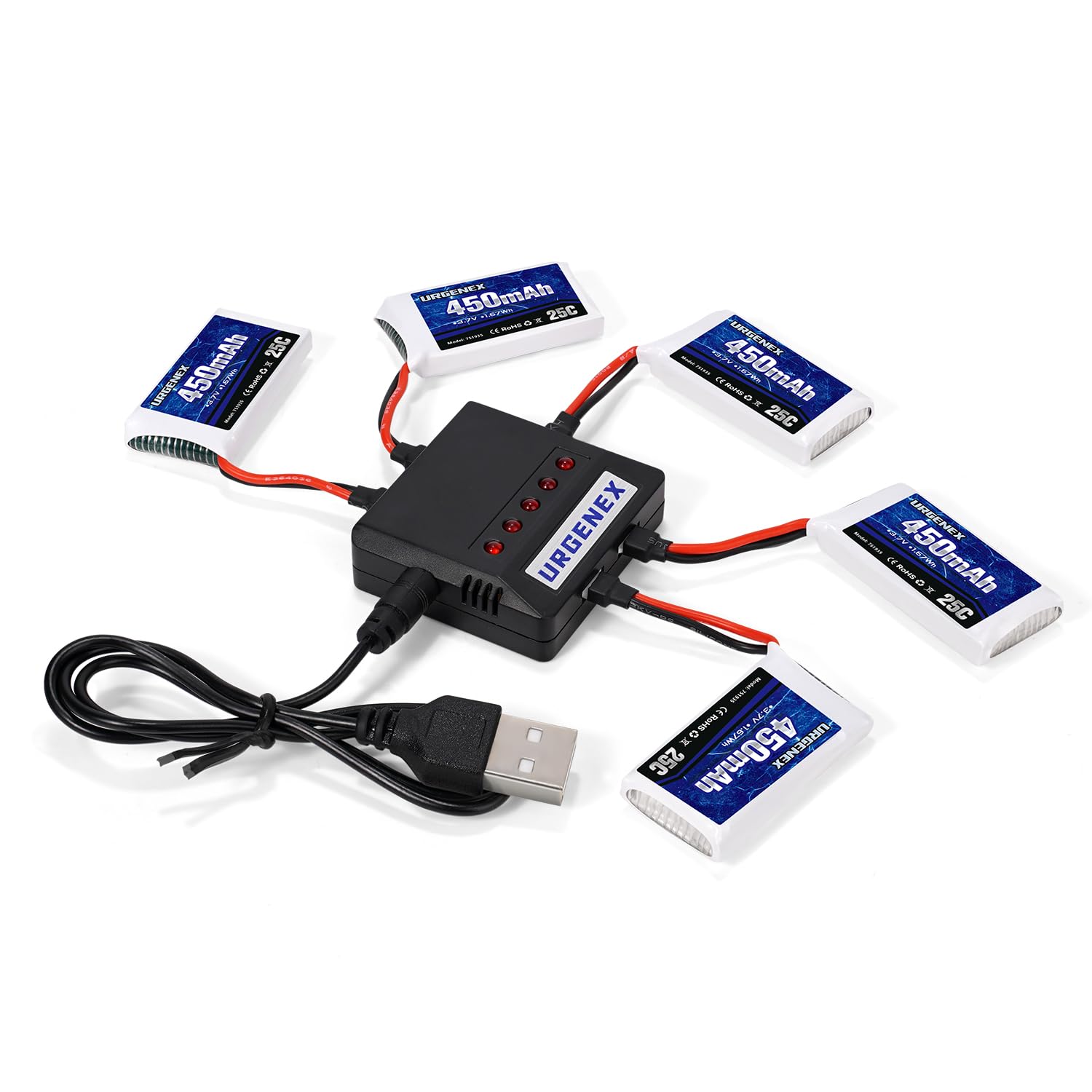 URGENEX 5PCS 3.7V 450mAh Drone Battery 25C 1S Lipo Battery with Molex Plug 5in1 Charger for SYMA Q11 AT-96 TR-C385 TR-P51 TR-F22 H99W H31 H6C H98 Holy Stone HS170G HS170 HS170C HS230 Drone Quadcopter