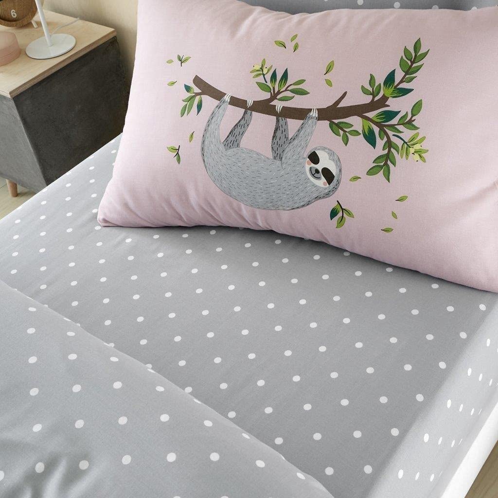LJ Kids Children Adults Fitted Sheet Set Easy Care Printed Matching Sheet Set (Single Fitted Sheet Set, Hanging Out Sloth)