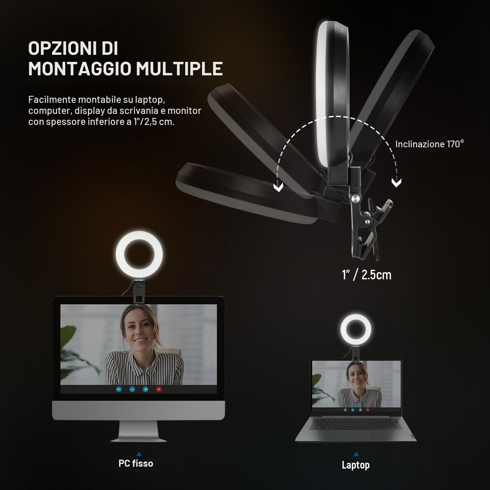 NEEWER BASICS Ring Light 5" per Video Conferenza, Kit Luce a Clip con Treppiede Tavolo (2pz) per Monitor Laptop Computer Chiamate Zoom Streaming Live Lavoro a Distanza Studio Registrazione Video, BR60