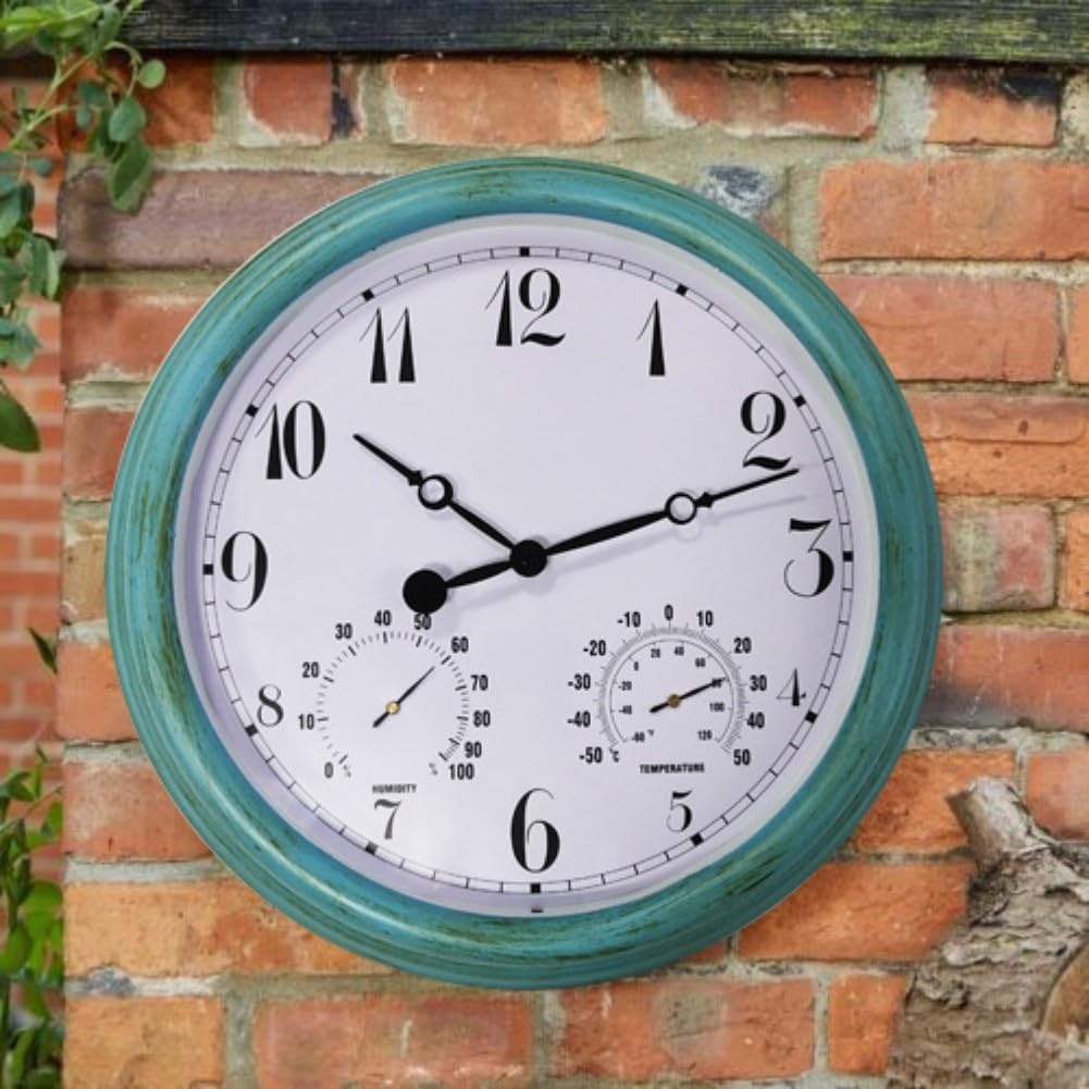 Reloj de pared para exteriores de 15 pulgadas, resistente a la intemperie, termómetro higrómetro de plástico verde, esfera grande