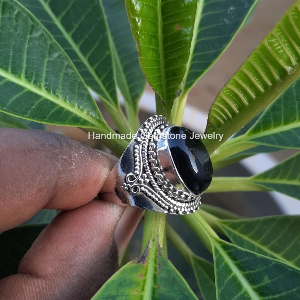 Natural Black Onyx Ring, Wide Ring, Women Ring, Silver Plated, Boho Ring, Vintage Ring, Healing Crystal Ring, Vintage Style Ring, Black Gemstone Ring, Handmade Ring, Natural Black Onyx Jewelry