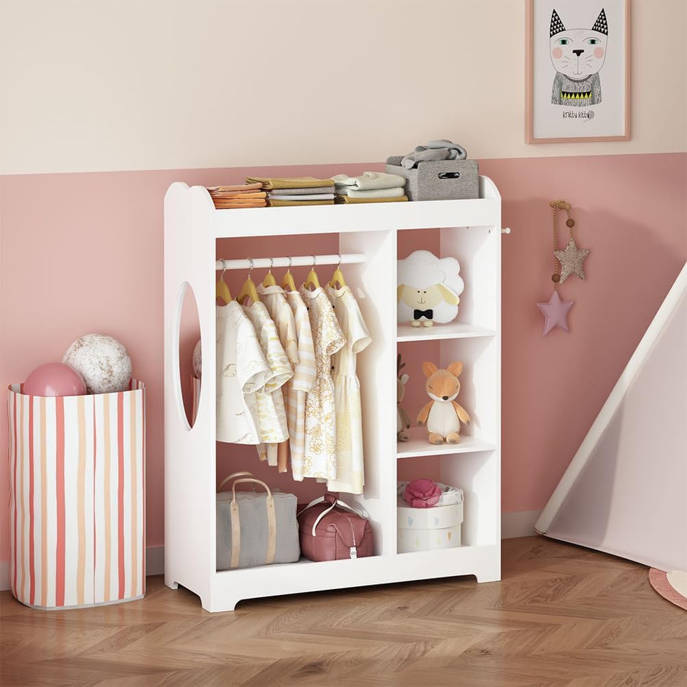 Kids Dress Up Storage, 4-Tier Toy Organizers with Mirror and Hooks, Storage Shelves and Top Shelf, Toddler Costume Organizer with Hanging Rod, 3 Side Hooks,for Bedroom Playroom Preschools