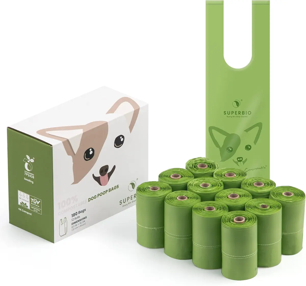 SUPERBIO compostable handle tie dog poop bags compost Plant Based pet bags for poop,12 rolls,180 bags,Extra Thick and Strong. OK compost Home and BPI certified (for use in Canada only).