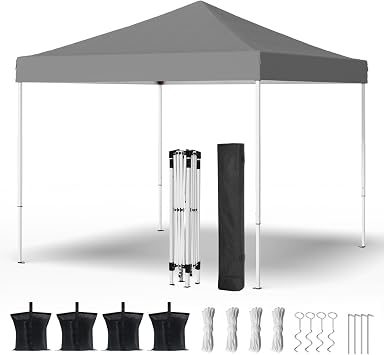 Shades 10x10 Pop Up Canopy, Heavy Duty Beach Tent with Carrying Bag for Easy Moving, Sun Shelter for Parties, Events, Camping, Outdoor Gazebo with 420D PU Coated Waterproof Grey Fabric