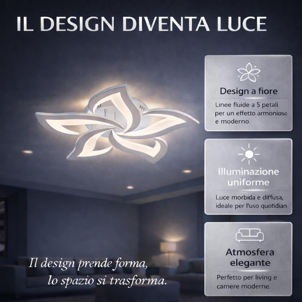 Arcadia Plafoniera Led Soffitto Moderna con Luce Calda e Fredda Dimmerabile, Telecomando e App per Cellulare - Lampadario Camera da Letto, Soggiorno, Cucina, Cameretta e Salotto - 4000LM 48W 60Cm