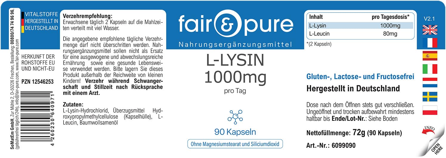 Fair & Pure® - L-Lysine 1000mg par jour - végan - 90 gélules