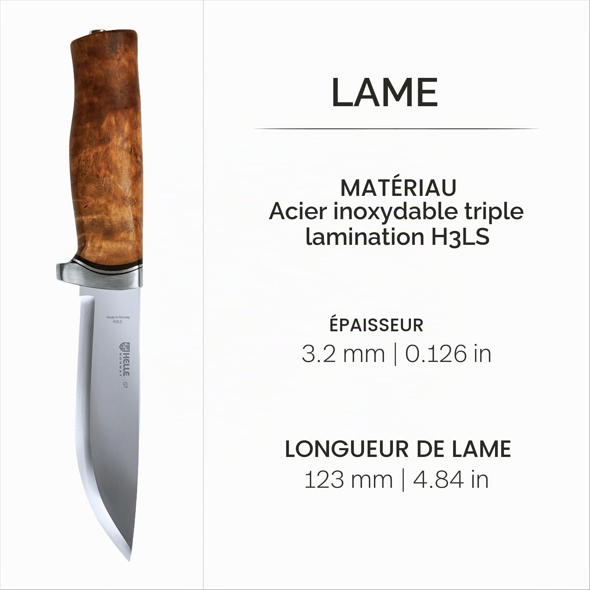 Couteau HELLE GT, lame 4,84 pouces, manche en bouleau madré