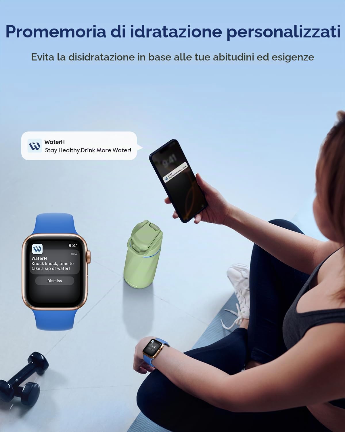 WATERH BOOST - Borraccia intelligente con promemoria idratazione e tracker, borraccia termica sottovuoto in acciaio inox, senza BPA, apertura larga, ideale per palestra, scuola, ufficio, 710 ml
