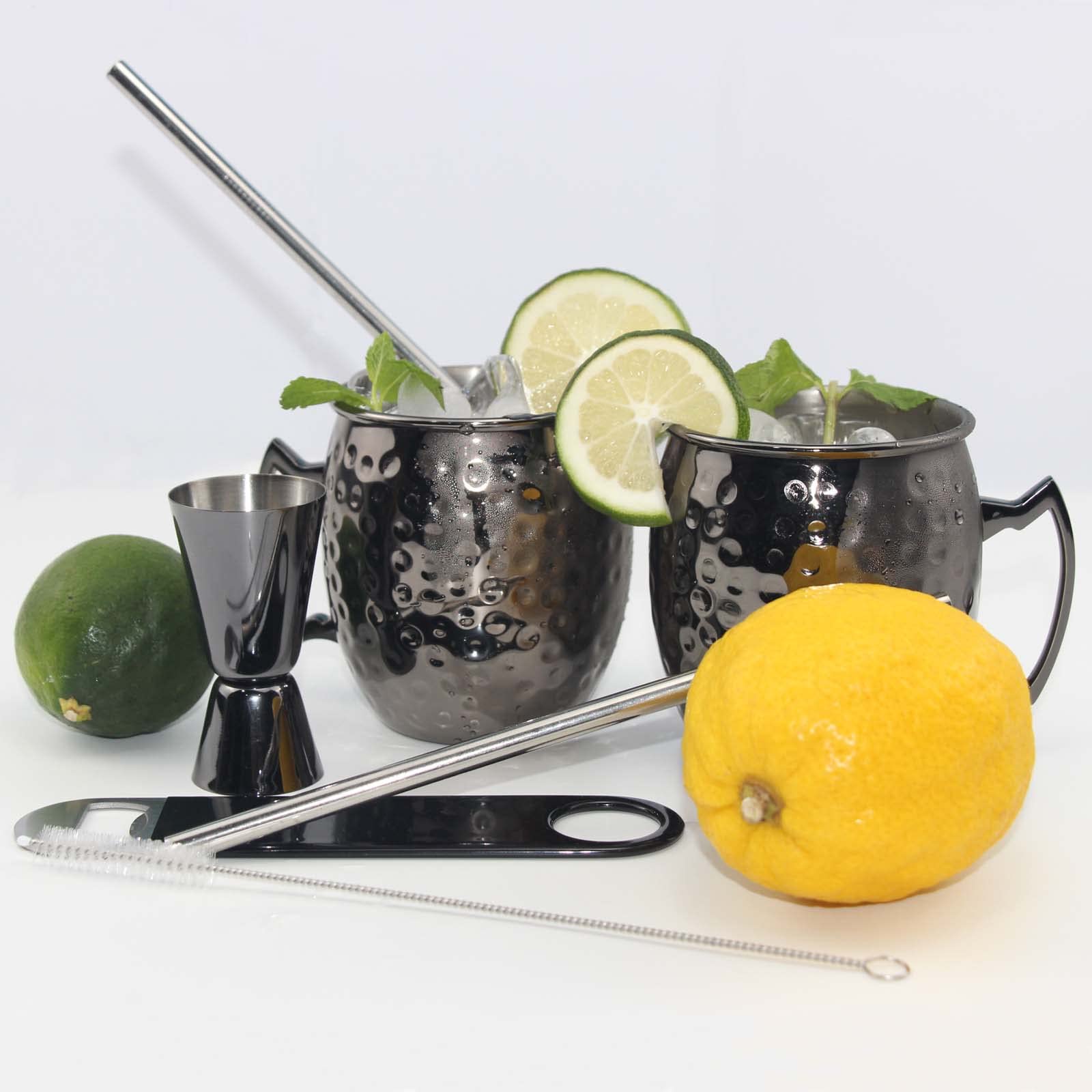 Moscow Mule Mugs Set of 2 Large Lined Mascow Mule Cups Set 18oz Black Plated Stainless Steel Mugs Bulk Food Safe Hammered Mug for Chilled Cold Drinks Home Bar Drinkware Bareware Black- (2)