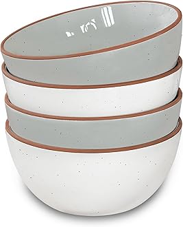 Mora Ceramic Bowls, 28oz - Set of 4 - For Cereal, Salad, Pasta, Soup, Dessert, Serving etc - Dishwasher, Microwave, and Oven Safe - Small Kitchen, Breakfast, Lunch and Dinner Approved - Vanilla & Grey