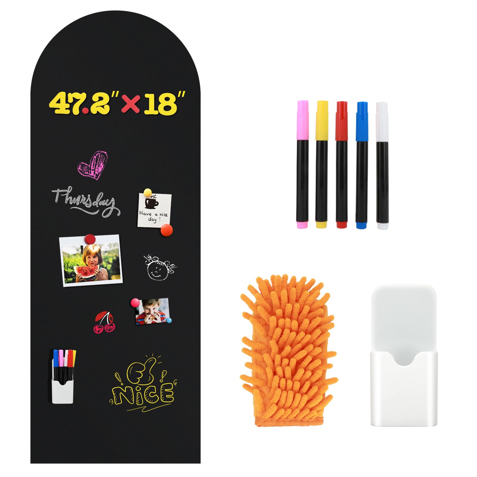 Tableau Noir Magnétique pour Mur,120x45 cm Arche Feuille Autocollante avec 5 Marqueurs de Craie Liquide, Parfait pour L'apprentissage, le Dessin et L'organisation de la Maison (Noir)