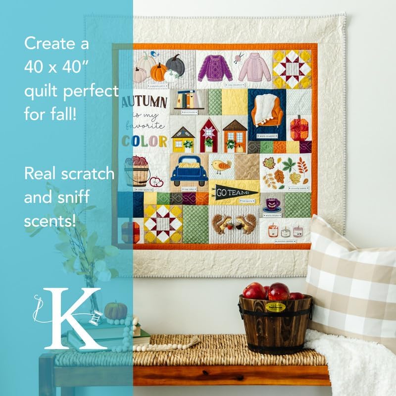 Kimberbell Falling for Autumn Quilt - Machine Embroidery Design CD & Book, Completed Size: 40 x 40” + 3 Bonus Projects, Step-By-Step Instructions Beginners to Advanced, Hoop Sizes: 4x4, 5x7, 6x10 &