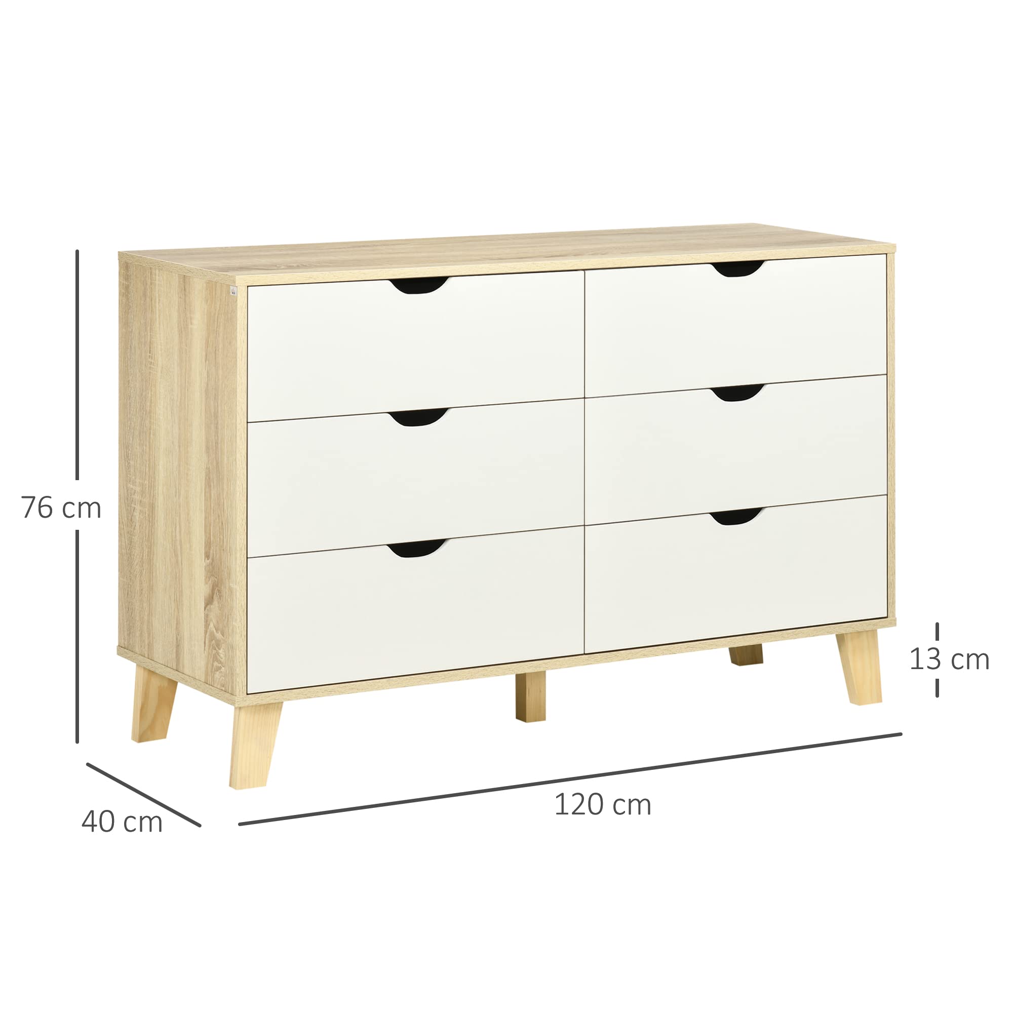 HOMCOM Commode 6 tiroirs Commode Chambre Meuble de Rangement Style scandinave avec Pieds en Bois, pour Chambre à Coucher, Salon, 120 x 40 x 76 cm, Aspect Bois et Blanc