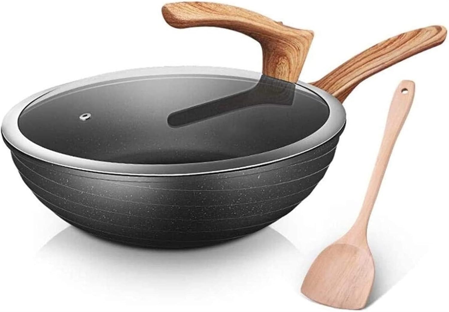Wok Nonstick r Safe Scratch Resistant Free Induction Woks and Stir Fry Pans with Glass Lid (Size : 32cm)