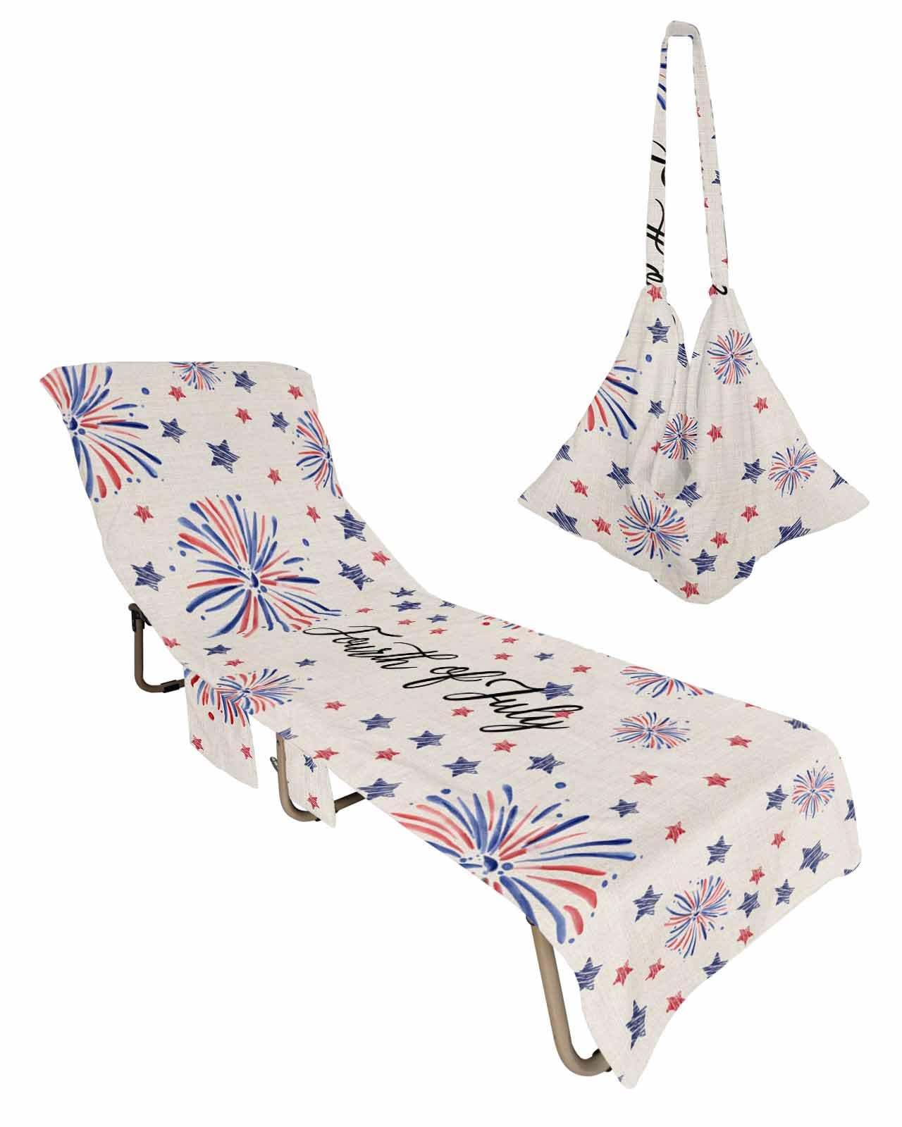 4th of July Beach Chair Towel Covers for Chaise Lounge with Side Pocket, Soft Plush Pool Towels Cover for Patio Sunbathing Outdoor 29''x85'' Independence Day Stripes Stars Flag