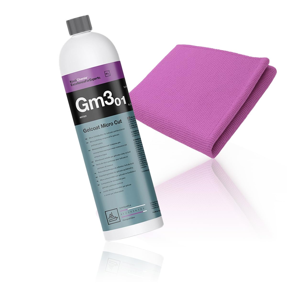 Koch Chemie Gelcoat Micro Cut 1 l Gm3.01 wraz z mikrowłóknem Micro Cut ściereczka do polerowania Gelcoat Politura Buty, zestaw politury GFK