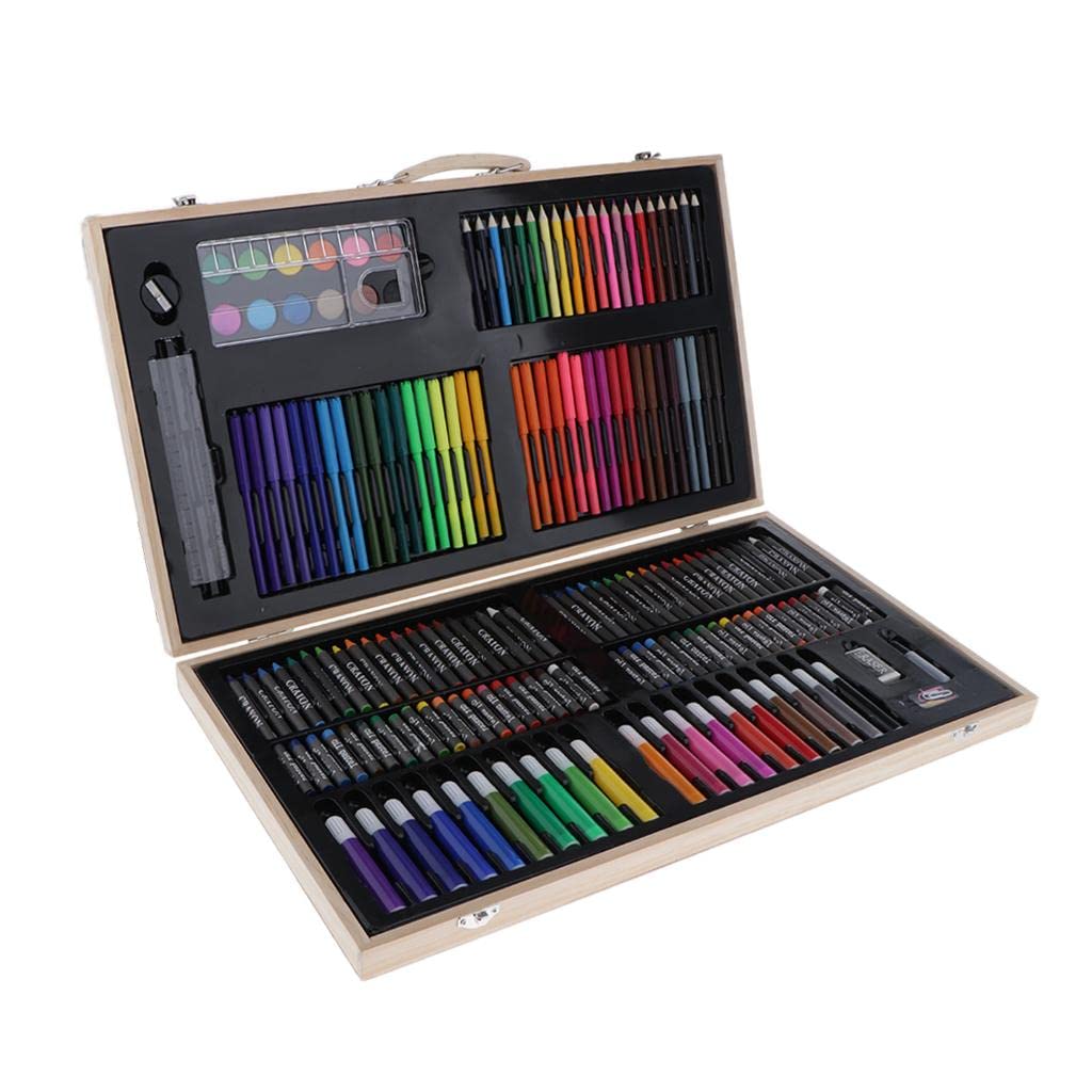 Kit de dessin professionnel de 180 pièces pour enfants de 9 à 12 ans | Boîte en bois avec crayons de couleur, stylos aquarelle, tige de cire, peintures pour artistes débutants | Portable