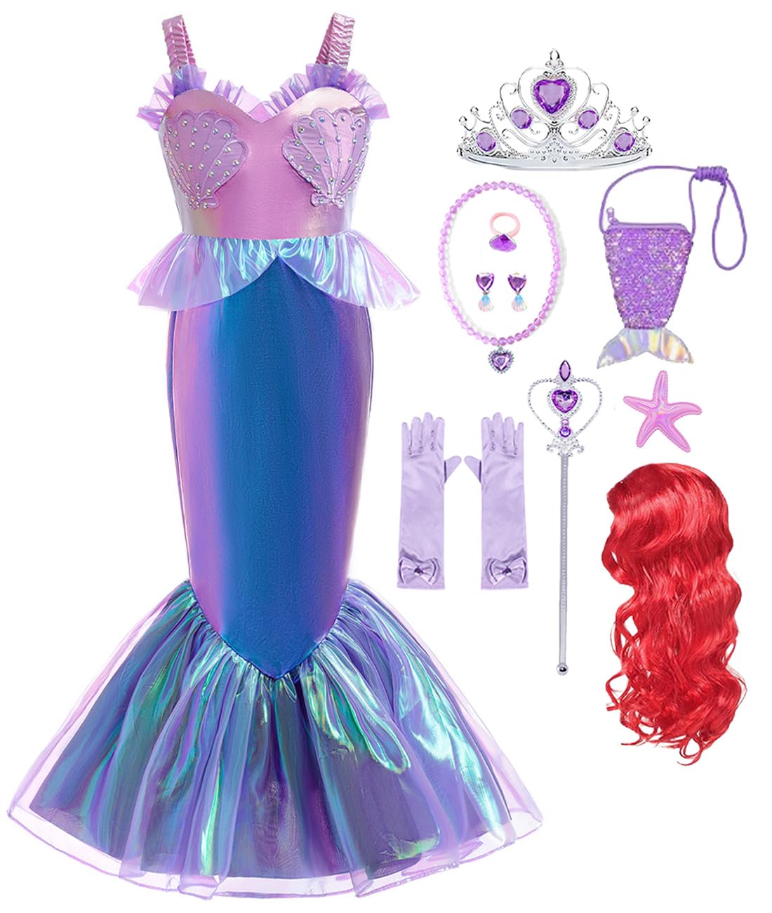 Luzlen Litttle Mermaid Costume Girls Princess Ariel Dress Up Purple Outfit with Wig for Birthday Halloween Cosplay Party