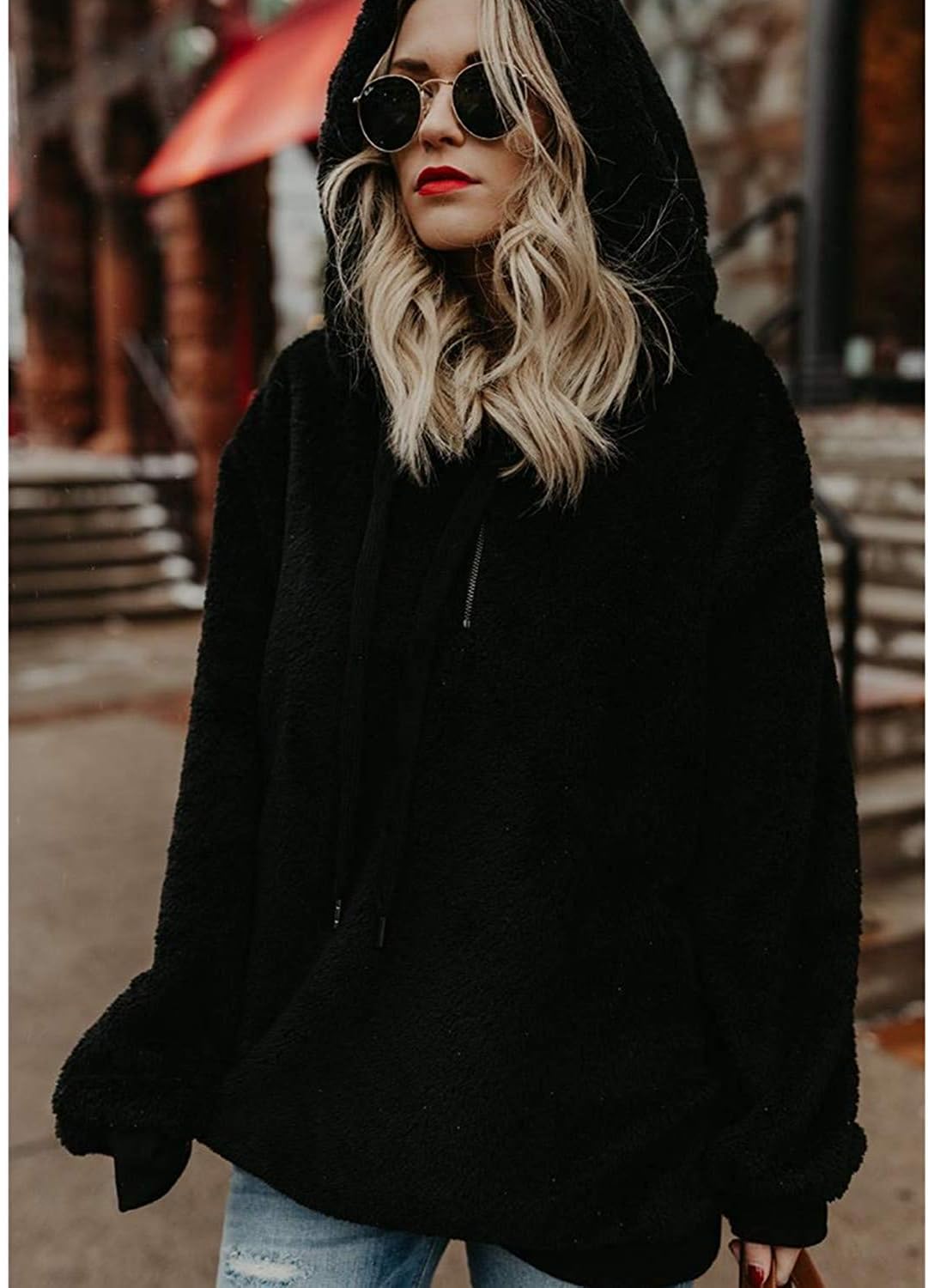 ReachMe Womens Oversized Sherpa Pullover Hoodie with Pockets Fuzzy Fleece Sweatshirt Plaid Fluffy Jacket Coat - Image 5