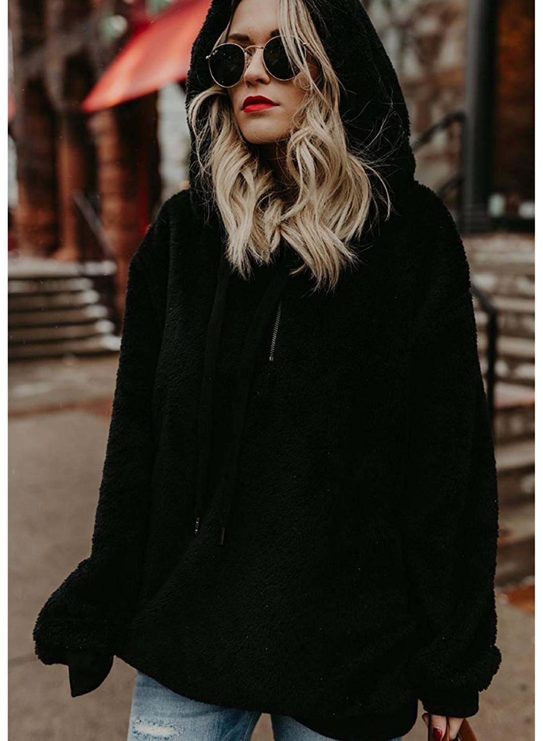 ReachMe Women's Oversized Sherpa Hoodie - Fuzzy Fleece Pullover With Pockets, Buffalo Plaid (Black, Medium)