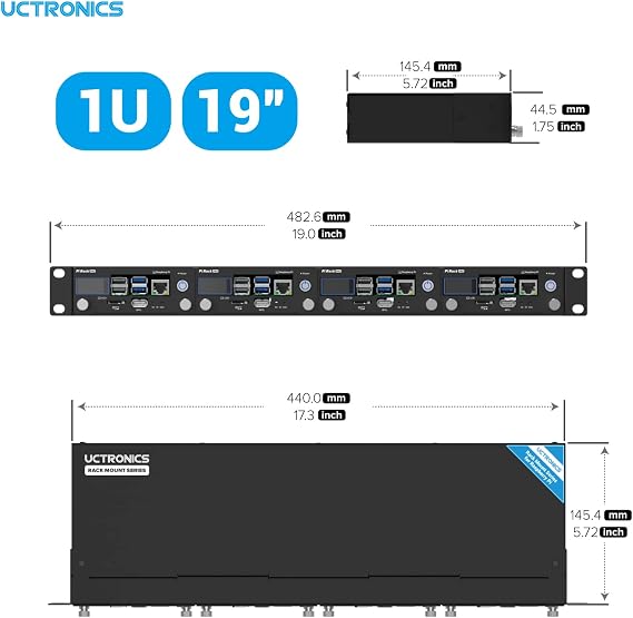UCTRONICS Pi Rack Pro for Raspberry Pi 4B, 19 1U Rack Mount, Support for 4 2.5 SSDs, Secure Shutdown, 0.96 Color Display