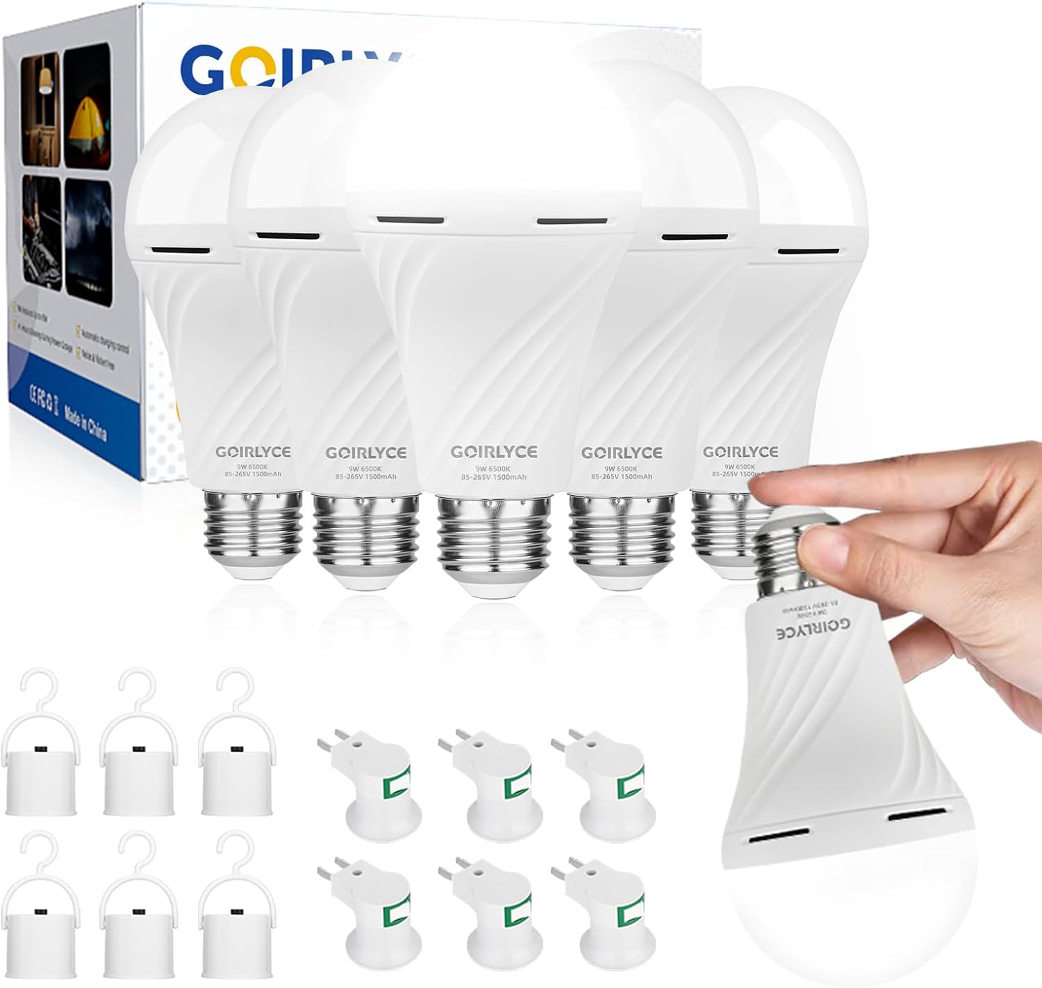 Rechargeable Emergency Light Bulbs, 6 Pack Battery Powered LED Light Bulb with 9W Daylight E27 6500K 1800mAh, Equivalent Self-Charging LED Light Bulbs for Home Power Outage Camping Hurricane Hiking