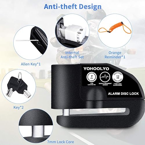 Miniatura 20 de YOHOOLYO Bloqueo de disco de alarma para motocicleta, bloqueo de freno de disco antirrobo, impermeable, 110 dB 0.276 in, cable de recordatorio de 5