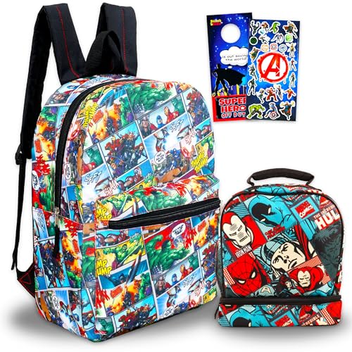 Marvel Mochila Vingadores com conjunto de lancheira – Pacote com mochila de 41 cm, lancheira isolada, adesivos, mais | Bolsa escolar dos Vingadores para meninos, crianças