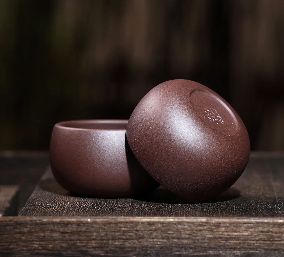 YXHUPOT Teacup 2pcs Chinese Yixing Clay Genuine Zini Zisha Gongfu Tea Cups 50ml (Zini), Round drum red - Image 4