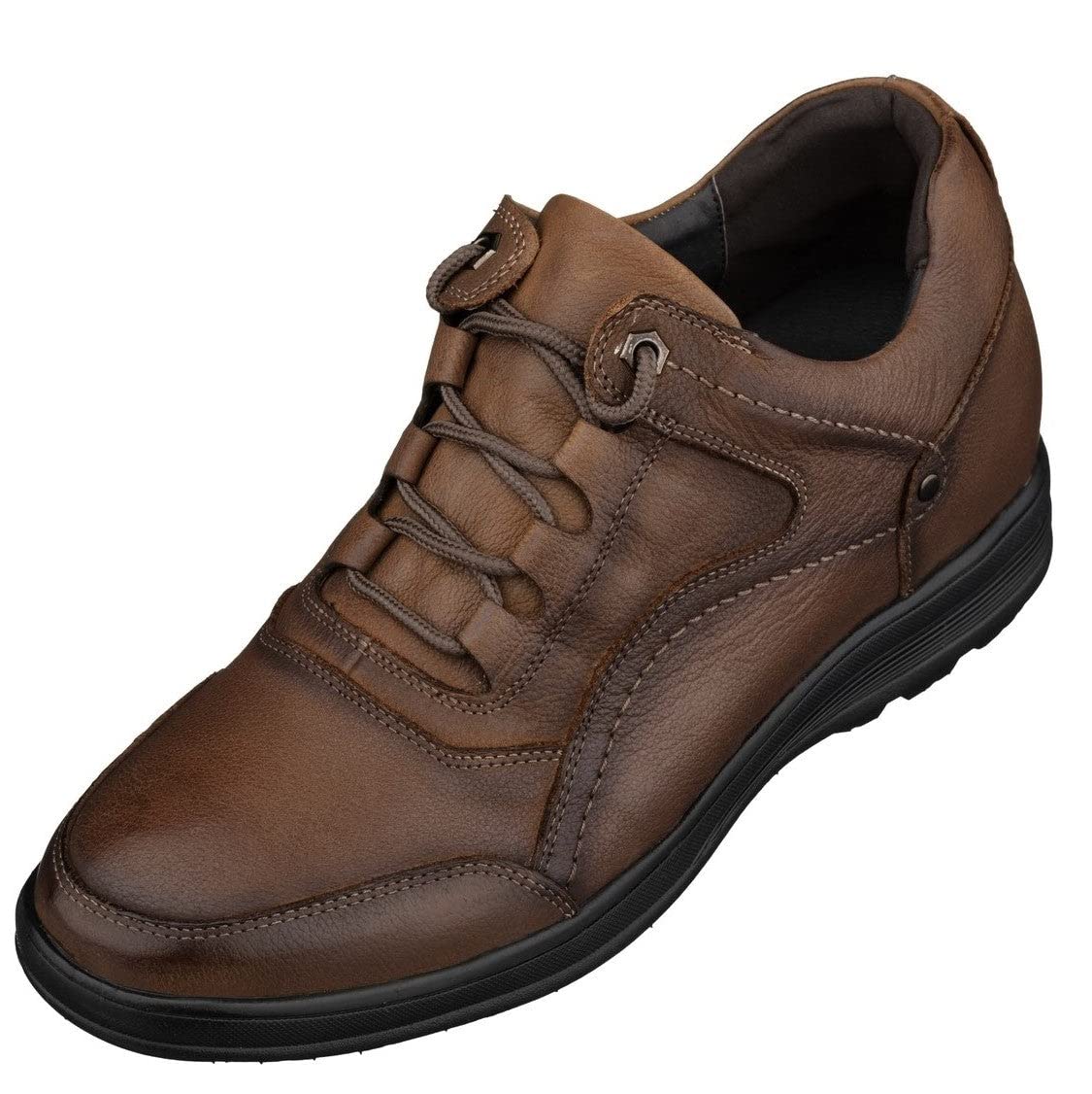 CALTO Men's Invisible Height Increasing Elevator Shoes - Brown Leather Lace-up Lightweight Casual Walkers - 2.8 Inches Taller - K3044- Size 9 D(M) US