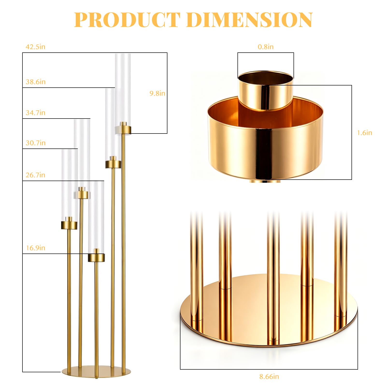 Set di 4 Candelieri in Metallo a 5 Bracci, Altezza 66-106 cm | con Paralume in Acrilico, Ideali per Matrimoni, Decorazioni per la Casa (compatibili con candele a LED)
