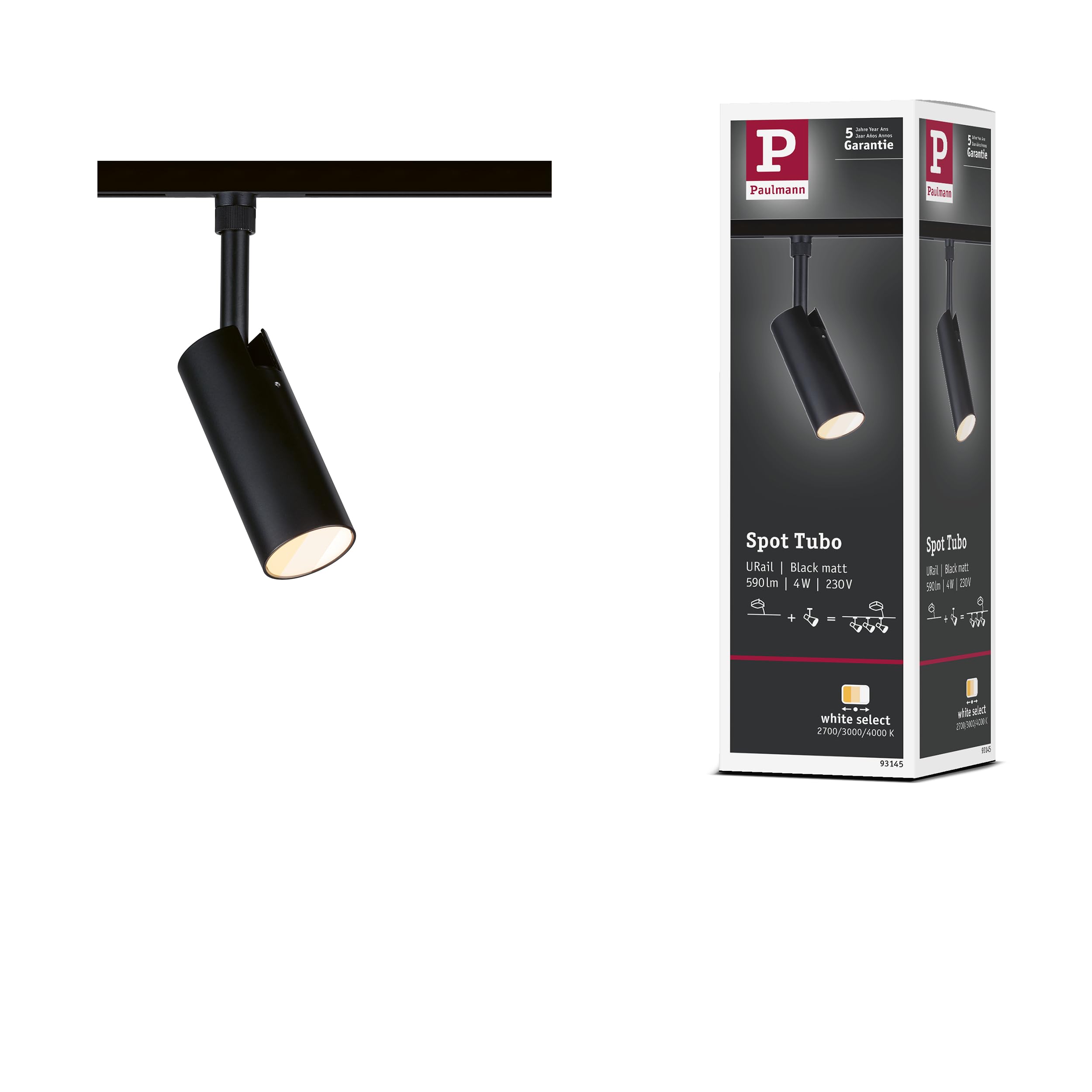 Paulmann URail Schienenspot Tubo Einzelspot 200lm 4W 2700-4000K 230V Schwarz matt 93145